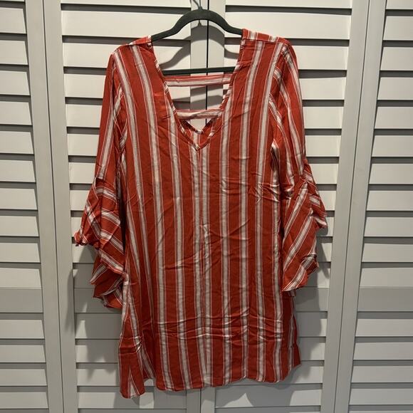 Band of Gypsies NWT Stripes Bell Sleeves Dress in Dusty Coral and Ivory colors. - Picture 4 of 7
